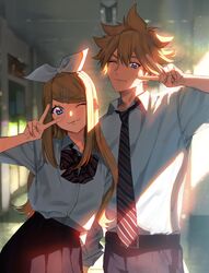  1boy 1girl aged_up blonde_hair blue_eyes blurry blurry_background bow bowtie bright_pupils diagonal-striped_bow diagonal-striped_bowtie diagonal-striped_necktie diagonal_stripes hair_bow highres indoors kagamine_len kagamine_rin light_particles light_rays multiple_hairpins necktie one_eye_closed pleated_skirt school school_uniform short_hair sidelighting skirt smile spiky_hair striped sunlight tetorutti35 upper_body v v_over_eye vocaloid 