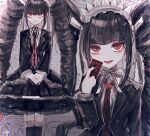 1girl :d black_hair black_jacket black_skirt black_thighhighs blunt_bangs brown_hair card celestia_ludenberg closed_mouth collared_shirt danganronpa:_trigger_happy_havoc danganronpa_(series) drill_hair feet_out_of_frame hand_up highres holding holding_card jacket layered_skirt long_hair long_sleeves multiple_views naruse_(nal1525) necktie open_mouth print_necktie red_eyes red_necktie shirt skirt smile thigh-highs twin_drills twintails upper_body 