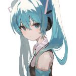  1girl bare_shoulders blue_eyes blue_hair blue_necktie closed_mouth collared_shirt detached_sleeves grey_shirt hatsune_miku headphones highres long_hair looking_at_viewer necktie portrait shirt simple_background solo very_long_hair vocaloid white_background yomoyama55 