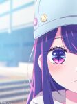  1girl ama_(ama_ekaku) baseball_cap blue_headwear blurry blurry_background blush closed_mouth commentary_request day expressionless hair_down hat highres hoshino_ai_(oshi_no_ko) long_hair looking_at_viewer multicolored_hair oshi_no_ko outdoors partial_commentary pink_hair portrait purple_hair solo split_crop star-shaped_pupils star_(symbol) streaked_hair symbol-shaped_pupils twitter_username violet_eyes watermark 