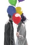  2boys balloon black_hair black_jacket buttons checkered_clothes checkered_scarf clenched_hand danganronpa_(series) danganronpa_v3:_killing_harmony flipped_hair from_side grey_background grey_jacket highres holding holding_balloon implied_kiss jacket kasou_(roomno404_) long_sleeves multiple_boys oma_kokichi saihara_shuichi scarf simple_background upper_body 