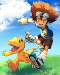  1boy :d agumon blue_footwear brown_eyes brown_hair brown_shorts clenched_hand clouds day digimon digimon_(creature) digimon_adventure digivice gloves goggles grass green_shirt hair_between_eyes happy highres holding male_focus open_mouth outdoors running sharp_teeth shirt short_sleeves shorts smile socks stim_yyy teeth tongue white_footwear white_socks yagami_taichi 