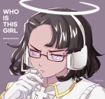  1girl angel black_hair blue_eyes earphones english_text glasses gloves halo helltaker pancake_hubba shirt white_gloves white_shirt 