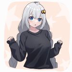  1girl :o absurdres ahoge black_shirt black_sweater blue_eyes braid breasts cropped_torso grey_hair hair_between_eyes hair_ornament hands_up highres kizuna_akari large_breasts light_blush long_hair long_sleeves looking_at_viewer nise_no_tsubo open_mouth oversized_clothes oversized_shirt shirt sidelocks simple_background sleeves_past_wrists solo starry_background sweater twin_braids very_long_hair voiceroid 