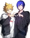  2boys belt black_belt black_jacket black_pants black_shirt blonde_hair blue_eyes blue_hair blue_nails clenched_teeth earrings facing_viewer grin hair_between_eyes heart heart_hands highres implied_yaoi jacket jewelry kagamine_len kaito_(vocaloid) looking_at_viewer male_focus multiple_boys nail_polish off_shoulder pants shadow shirt short_hair smile spiky_hair supreme_(brand) teeth tetorutti35 upper_body vocaloid white_background yellow_nails 