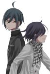  2boys ahoge black_hair black_jacket brown_eyes buttons checkered_clothes checkered_scarf closed_mouth danganronpa_(series) danganronpa_v3:_killing_harmony from_side grey_background hair_between_eyes hair_over_eyes highres jacket kasou_(roomno404_) long_sleeves male_focus multiple_boys oma_kokichi profile saihara_shuichi scarf short_hair simple_background smile 