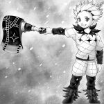  1boy akiakane_plto arm_at_side axe boots braid clip_studio_paint_(medium) full_body gill_sol greyscale highres holding holding_axe ice-head_gill male_focus monochrome outdoors smile snowing solo spiky_hair standing 