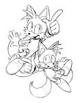  2boys animal_ears animal_nose birdspree commentary english_commentary fox_boy fox_ears fox_tail full_body furry furry_male gloves greyscale highres male_focus monochrome multiple_boys multiple_tails open_mouth sketch smile sonic_(series) tail tails_(sonic) two_tails white_background 