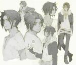  1boy ball belt cropped_jacket final_fantasy final_fantasy_viii fur-trimmed_jacket fur_trim jacket jewelry long_sleeves male_focus monochrome multiple_belts necklace nini_tw99 open_clothes open_jacket pants scar scar_on_face shirt shoes short_hair sketch squall_leonhart standing tossing v-neck 