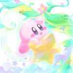  :d above_clouds arm_up bean_stalk blue_eyes blush blush_stickers clouds commentary_request flower highres kirby kirby_(series) leaf no_humans open_mouth pink_flower riding smile solo star_(symbol) stern_(stern_dream) warp_star 