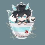  1boy 7mo_(nanakami) antenna_hair black_hair chibi chinese_clothes closed_mouth cup dan_heng_(honkai:_star_rail) dan_heng_(imbibitor_lunae)_(honkai:_star_rail) dragon_boy dragon_horns dragon_tail earrings fingerless_gloves gloves green_background green_eyes green_horns hair_between_eyes highres honkai:_star_rail honkai_(series) horns jewelry long_hair looking_at_viewer male_focus orb pointy_ears red_eyeliner simple_background solo tail yin_yang yin_yang_orb 