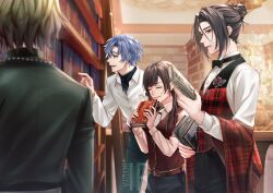  1girl 3boys :d akira_(female)_(mahoutsukai_no_yakusoku) belt belt_buckle black_bow black_bowtie black_coat black_hair black_pants black_undershirt blue_hair blurry book bookshelf bow bowtie brooch brown_hair buckle closed_eyes closed_mouth coat collared_shirt cowboy_shot curtained_hair depth_of_field faust_lavinia figaro_garcia flower_brooch from_side green_eyes hair_between_eyes hair_bun height_difference highres holding holding_book indoors iritani_ryouya jewelry ladder library long_hair long_sleeves looking_at_object mahoutsukai_no_yakusoku multiple_boys necktie nervous_smile open_collar pants parted_bangs parted_lips pink_shirt plaid_clothes plaid_shawl plaid_vest profile red_belt red_eyes red_shawl red_vest shawl shirt short_hair shylock_bennett single_hair_bun smile standing sweatdrop swept_bangs turtleneck turtleneck_shirt tuxedo_shirt two-tone_vest vest white_necktie white_shirt 