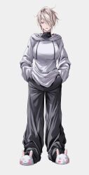  1girl :o absurdres animal_slippers baggy_clothes baggy_pants black_pants blonde_hair breasts bunny_slippers grey_background hair_over_one_eye hands_in_pockets highres hood hoodie large_breasts looking_at_viewer open_mouth original pants short_hair simple_background slippers teeth ulularts upper_teeth_only violet_eyes white_hoodie white_slippers 