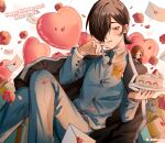  2boys balloon bishounen black_hair black_jacket blush bouquet box brown_hair cake dated falling_petals flower food food_on_face fork gakuran gift gift_box hair_over_one_eye half-closed_eyes happy_birthday heart_balloon highres holding holding_fork holding_plate jacket jacket_on_shoulders kasugayama_high_school_uniform kurosu_jun looking_at_viewer love_letter male_focus multiple_boys persona persona_2 petals plate red_flower red_rose risuko.exe_(artist) rose school_uniform seven_sisters_high_school_uniform short_hair simple_background smile strawberry_shortcake suou_tatsuya white_background 