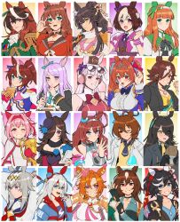  6+girls agnes_tachyon_(umamusume) ahoge animal_ears ascot black_gloves black_hair bow bowtie breasts brown_hair clenched_hand clenched_hands coat daiwa_scarlet_(umamusume) ear_covers english_commentary epaulettes eyewear_on_head fingerless_gloves gloves gold_ship_(umamusume) green_eyes grin hair_ornament haru_urara_(umamusume) hat highres horse_ears horse_girl jewelry katsuragi_ace_(umamusume) large_breasts long_hair manhattan_cafe_(umamusume) maruzensky_(umamusume) mejiro_mcqueen_(umamusume) mihono_bourbon_(umamusume) multicolored_hair multiple_girls narita_brian_(umamusume) necklace necktie oguri_cap_(umamusume) one_eye_closed orange_hair pink_hair ponytail purple_hair radiostarkiller rice_shower_(umamusume) short_sleeves silence_suzuka_(umamusume) single_epaulette sirius_symboli_(umamusume) smile special_week_(umamusume) sunglasses symboli_rudolf_(umamusume) t.m._opera_o_(umamusume) tamamo_cross_(umamusume) tiara tilted_headwear tokai_teio_(umamusume) trophy umamusume upper_body vodka_(umamusume) white_hair 