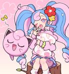  1girl absurdres blue_skirt cardigan choker earrings fairy_miku_(project_voltage) flower hair_flower hair_ornament hatsune_miku heart heart_choker highres jewelry jigglypuff long_hair multicolored_hair musical_note nail_polish nokino_(nokinokin0) open_mouth pink_cardigan pink_nails pokemon pokemon_(creature) project_voltage scrunchie sitting sitting_on_tree_stump skirt tree_stump twintails two-tone_hair very_long_hair vocaloid wrist_scrunchie yawning 