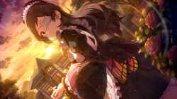  1girl black_dress brown_hair closed_mouth commentary_request dress dutch_angle expressionless eyepatch flower from_side game_cg idolmaster idolmaster_million_live! idolmaster_million_live!_theater_days juliet_sleeves kitazawa_shiho kitazawa_shiho_(depths_of_twilight_maid) lens_flare long_hair long_sleeves looking_at_viewer looking_back maid maid_headdress mansion medical_eyepatch official_art outdoors puffy_sleeves solo standing sunset third-party_source 