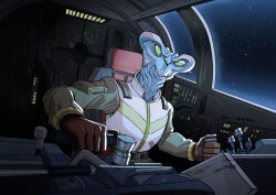  1boy aitor_prieto alien arcona blue_skin brown_gloves cockpit colored_skin gloves green_eyes highres solid_eyes solo spacecraft_interior star_wars star_wars:_unlimited 