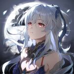  1girl bare_shoulders blue_hairband breasts chinese_clothes detached_sleeves earrings full_moon hair_between_eyes hairband highres honkai:_star_rail honkai_(series) jewelry jingliu_(honkai:_star_rail) lizhilv long_hair medium_breasts moon parted_lips red_eyes solo upper_body white_hair 