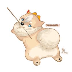  animal_focus animalization blue_eyes dog durandal_(umamusume) full_body looking_at_viewer no_humans onikobe_rin simple_background sploot stick umamusume welsh_corgi white_background 