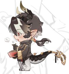  1boy arknights black_shirt breath chibi chibi_only chongyue_(arknights) chopsticks dragon_tail food from_side holding holding_chopsticks long_sleeves male_focus mealeston noodles open_mouth pointy_ears ponytail red_eyes shirt short_hair solo tail 