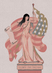  1girl absurdres aftvart american_flag ancient_greek_clothes barefoot black_hair chainsaw_man closed_mouth cross_scar fine_art_parody greco-roman_clothes highres holding holding_scroll looking_up parchment parody pedestal ringed_eyes scar scar_on_cheek scar_on_face scar_on_nose scroll simple_background single_bare_shoulder smile solo yellow_eyes yoru_(chainsaw_man) 
