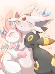  animal_focus blush bow closed_eyes closed_mouth cuddling espeon forehead_jewel hp7car7nxrq5s7q no_humans pokemon pokemon_(creature) pokemon_focus ribbon simple_background smile sylveon tail umbreon 