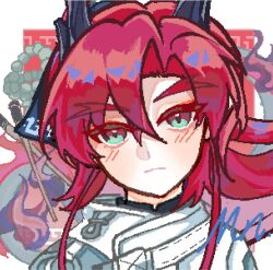  1boy absurdres arknights black_horns blush chinese_commentary chopsticks closed_mouth commentary_request green_eyes hair_between_eyes hair_intakes highres horns long_hair looking_at_viewer male_focus mnn_(xinjinjumin035149496925) multicolored_eyes pixel_art portrait red_eyes red_hair solo two-tone_eyes yu_(arknights) 