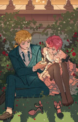  1boy 1girl alternate_costume bare_shoulders blonde_hair braid brown_shoes cigarette collared_shirt dress english_commentary flower formal_clothes frilled_dress frills giorno_giovanna grass green_eyes green_jacket green_pants hetero high_heels highres jacket jewelry jojo_no_kimyou_na_bouken lighter moonnacorn necklace pants pantyhose pink_hair plant rose shirt shoes short_hair sitting strapless suit trish_una unworn_shoes vento_aureo white_shirt 