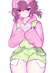  1girl ancharliegum backwards_hat bandaid bandaid_on_face bandaid_on_nose baseball_cap bethy blush brown_eyes brown_hair charm_(object) closed_mouth collarbone commentary commission commissioner_upload cowboy_shot english_commentary envelope eyelashes frog_charm frown green_bandaid green_overalls green_suspenders hair_between_eyes hat heart heart_print highres holding holding_envelope hood hood_down hoodie indie_virtual_youtuber long_sleeves looking_at_viewer medium_hair nose overalls pink_hat pink_hoodie second-party_source short_twintails simple_background solo thighs tomboy twintails virtual_youtuber white_background 