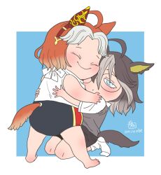  2girls ahoge animal_ears black-framed_eyewear black_buruma blue_background blue_eyes brown_hair buruma chibi chibi_only closed_eyes closed_mouth colored_bangs commentary_request dream_journey_(umamusume) ear_covers full_body glasses grey_hair grey_shorts grey_vest horse_ears horse_girl horse_tail looking_at_another multiple_girls onikobe_rin orfevre_(umamusume) shirt short_hair shorts simple_background single_ear_cover sleeveless sleeveless_shirt smile tail umamusume vest white_background white_shirt 