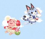  1boy 1girl :3 :d animal_crossing artist_name bag blue_background blue_bow blue_bowtie blush blush_stickers bow bowtie bubble_tea buttons cat_girl closed_eyes closed_mouth clouds coconut coconut_cup commentary cup curled_horns dated disposable_cup dom_(animal_crossing) dress drinking_straw english_commentary flower flower_necklace holding holding_cup horns lei lifebuoy lolly_(animal_crossing) matchaneko open_mouth pink_flower pink_horns puddle rainbow raised_eyebrows sailor_collar sailor_dress sheep_boy sheep_horns shell_bag short_sleeves shoulder_bag simple_background smile summer sun teeth upper_teeth_only white_bow white_dress white_flower white_sailor_collar 
