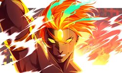  1boy arm_up armlet armpits ashwatthama_(fate) bracelet dark-skinned_male dark_skin dust fate/grand_order fate_(series) fiery_hair forehead_jewel glint glowing glowing_eyes glowing_gem grin highres iam_aimuuu jewelry male_focus mature_male multicolored_hair orange_hair short_hair smile solo streaked_hair twitter_username yellow_eyes 