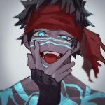  1boy angra_mainyu_(fate) blue_eyes blurry brown_hair chest_tattoo dark-skinned_male dark_skin depth_of_field facial_tattoo fate/grand_order fate_(series) fingerless_gloves gloves grey_background hairband haruakira highres looking_at_viewer male_focus open_mouth red_hairband short_hair shoulder_tattoo solo tattoo upper_body 