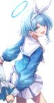  1girl arona_(blue_archive) bag_(chrko_bag) blue_archive blue_eyes blue_hair blue_halo choker cowboy_shot hair_over_one_eye halo highres long_sleeves open_mouth pleated_skirt short_hair simple_background skirt smile solo white_background white_choker white_skirt 