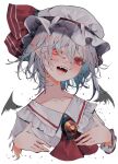  1girl absurdres ascot brooch collared_shirt grey_hair hair_between_eyes hat highres jewelry mob_cap open_mouth pink_headwear pointy_ears red_ascot red_eyes remilia_scarlet shirt short_hair simple_background sleeves_past_wrists solo touhou tsune_(tune) white_background white_shirt 