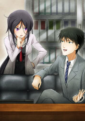  1boy 1girl absurdres black_hair bow buttons chaos;child coat collarbone collared_shirt cropped_jacket double-breasted dress_shirt dress_vest green_eyes grey_jacket hand_on_own_chin hekiho_academy_school_uniform highres jacket kunosato_mio lab_coat lapels long_sleeves looking_at_another miniskirt necktie notched_lapels purple_hair red_bow red_necktie sailor_collar school_uniform science_adventure shinjo_takeshi shirt short_necktie skirt striped_necktie taba_neruko violet_eyes white_coat white_sailor_collar white_shirt 