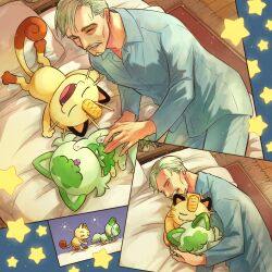  1boy :3 bed blue_pajamas blue_pants blue_shirt cat closed_eyes closed_mouth coin facial_hair fangs gold grey_hair koban_(gold) long_sleeves lying mature_male meowth mixed-language_commentary mustache official_art on_back on_side open_mouth pajamas pants pillow pokemon pokemon_(creature) pokemon_sleep sakurai_umi second-party_source shirt short_hair smile sprigatito star_(symbol) 