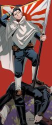  1boy belt black_hair black_pants brown_belt brown_pants cloak closed_mouth colored_sclera corpse facial_hair flag full_body goatee golden_kamuy hair_between_eyes highres holding holding_flag long_sleeves male_focus ogata_hyakunosuke pants red_background rising_sun_flag scar scar_on_face short_hair sunburst white_cloak yellow_sclera yofu_(0042_2400) 