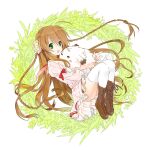  1girl :d ahoge animal animal_hug blush_stickers boots braid brown_footwear brown_hair chibi-moth commentary_request dress floating_hair flower frilled_dress frills from_side grass green_eyes hair_between_eyes hair_flower hair_ornament juliet_sleeves kanbe_kotori kazamatsuri_institute_high_school_uniform knees_up legs_together light_blush long_hair long_sleeves looking_at_viewer noonoo open_mouth pink_dress pink_flower puffy_sleeves rewrite school_uniform short_dress simple_background smile solo thigh-highs thighs twin_braids very_long_hair waving white_background white_thighhighs wide_sleeves wreath zettai_ryouiki 