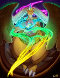 cinderkiss claws closed_eyes colored_skin dragonite feathered_wings glowing glowing_horns head_wings highres horns magic mega_dragonite mega_evolution mega_evolution_symbol mega_pokemon orange_skin orb pokemon pokemon_(creature) pokemon_legends:_z-a signature single_horn solo tail white_wings wings