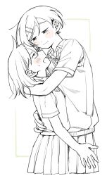  2girls ahoge arm_around_shoulder blush closed_mouth commentary cowboy_shot futsuu_no_keion-bu hair_ornament hairpin hand_on_another's_back hatono_chihiro height_difference highres hug kouyama_rin lineart multiple_girls neck_ribbon open_mouth parted_bangs pixie_cut pleated_skirt ribbon rra_(yj) school_uniform shirt_tucked_in short_hair skirt smile spot_color summer_uniform sweater_vest yuri 