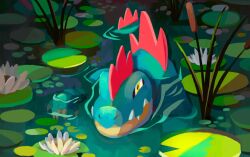  cattail closed_mouth feraligatr flower lily_pad no_humans nostrils plant pokemon pokemon_(creature) pokemon_focus pokemon_tcg saracennia second-party_source sharp_teeth solo spines swimming teeth water white_flower yellow_eyes 