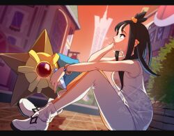  1girl absurdres black_hair building commentary_request cube_hair_ornament earclip eyelashes from_side hair_ornament highres leggings letterboxed lida_(pokemon) long_hair lumiose_city open_mouth outdoors pokemon pokemon_(creature) pokemon_legends:_z-a ribbed_socks shirt shoes sitting sky sleeveless sleeveless_shirt socks sparkle staryu sweat topknot twilight twitter_username wagashi425 watermark white_shirt white_shoes white_socks 