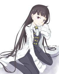  1girl :> arimura_ellen between_legs black_hair closed_mouth coat collared_shirt commentary_request full_body grey_pants hand_between_legs hand_up head_tilt lab_coat light_blush long_hair looking_at_viewer official_style open_clothes open_coat oversized_clothes pants partial_commentary shirt sitting smile solo suit toaru_majutsu_no_index toaru_majutsu_no_index:_new_testament very_long_hair very_long_sleeves violet_eyes wariza white_background white_shirt yakutashi 