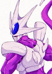  1boy colored_skin cooler_(dragon_ball) covered_mouth dragon_ball dragon_ball_z forehead_jewel from_behind glowing glowing_eyes looking_at_viewer looking_back mask mokorakugaki purple_skin red_eyes simple_background solo spikes tail upper_body white_background 