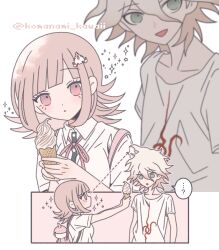  1boy 1girl :d :o animal_bag brown_hair cat_bag danganronpa_(series) danganronpa_2:_goodbye_despair dress_shirt galaga holding holding_ice_cream_cone ice_cream_cone komaeda_nagito komanami_kawaii medium_hair nanami_chiaki neck_ribbon no_jacket open_mouth pink_bag pink_ribbon print_shirt puffy_short_sleeves puffy_sleeves ribbon shirt short_sleeves smile spaceship_hair_ornament white_shirt 