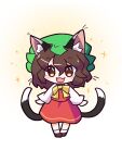  1girl :d animal_ear_fluff animal_ears bow bowtie brown_eyes brown_footwear brown_hair cat_ears cat_tail chen chibi gakubutiudonn449 green_headwear hat highres long_sleeves mob_cap multiple_tails nekomata open_mouth red_skirt red_vest shirt shoes short_hair skirt skirt_set smile solo tail touhou two_tails vest white_background white_shirt yellow_bow yellow_bowtie 