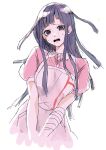  1girl apron baba_(papagg88) bandaged_arm bandages black_hair breasts collared_shirt cropped_torso d: danganronpa:_trigger_happy_havoc danganronpa_(series) grey_apron highres large_breasts long_hair mole mole_under_eye pink_shirt puffy_short_sleeves puffy_sleeves shirt short_sleeves simple_background solo tears teeth tongue tsumiki_mikan upper_teeth_only violet_eyes white_background 