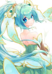  1girl arrow_(projectile) blue_eyes brown_gloves dress elbow_gloves emil_chronicle_online from_behind gloves green_dress green_hair hair_ornament highres holding holding_arrow long_hair looking_back mitama_lilie ponytail strapless strapless_dress two-tone_dress white_background yusa_yuyu 